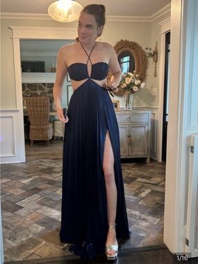 Gorgeous Jovani Midnight Blue Shimmer Pleated Maxi Dress - 0